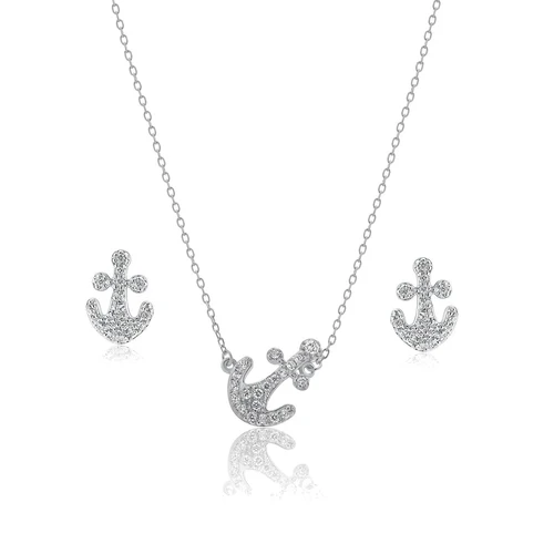 Sterling Silver Rhodium Plated Pave Set Clear Anchor CZ Stud Earring And Necklace Set