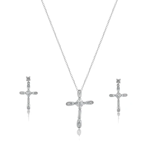 Sterling Silver Rhodium Plated Bone Cross Clear CZ Earring And Necklace Set