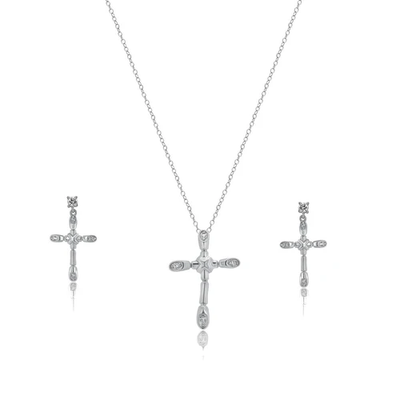 Sterling Silver Rhodium Plated Bone Cross Clear CZ Earring And Necklace Set
