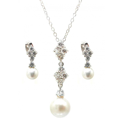 Sterling Silver Rhodium Plated Ornate Pearl Clear CZ Stud Dangling Earring And Necklace Set