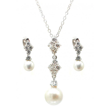 Load image into Gallery viewer, Sterling Silver Rhodium Plated Ornate Pearl Clear CZ Stud Dangling Earring And Necklace Set