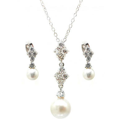 Sterling Silver Rhodium Plated Ornate Pearl Clear CZ Stud Dangling Earring And Necklace Set
