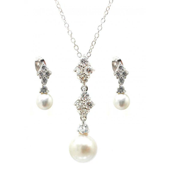 Sterling Silver Rhodium Plated Ornate Pearl Clear CZ Stud Dangling Earring And Necklace Set