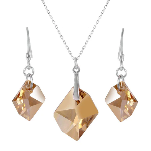 Sterling Silver Rhodium Plated Big Champagne CZ Earring And Necklace Set