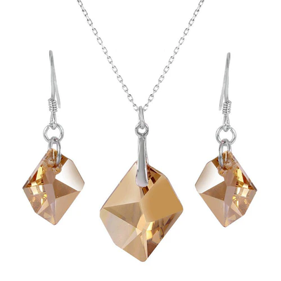 Sterling Silver Rhodium Plated Big Champagne CZ Earring And Necklace Set