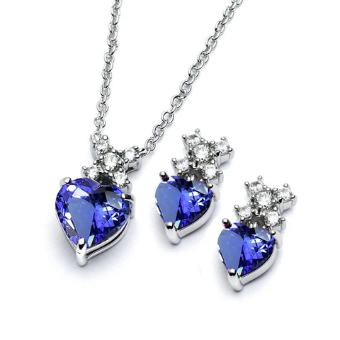 Sterling Silver Rhodium Plated Clear Round And Birthstone Heart Tanzanite CZ Stud Earring And Necklace Set