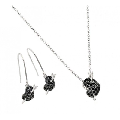 Sterling Silver Rhodium And Black Rhodium Plated Heart Arrow Black CZ Hook Earring And Necklace Set