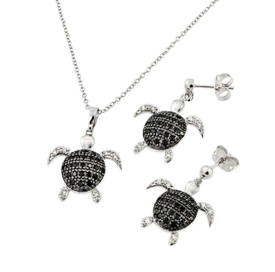 Sterling Silver Rhodium And Black Rhodium Plated Black And Clear CZ Dangling Stud Earring And Necklace Set