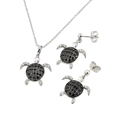 Sterling Silver Rhodium And Black Rhodium Plated Black And Clear CZ Dangling Stud Earring And Necklace Set
