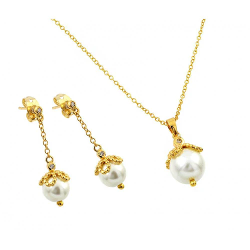 Sterling Silver Gold Plated Pearl Drop Clear CZ Dangling Stud Earring And Necklace Set