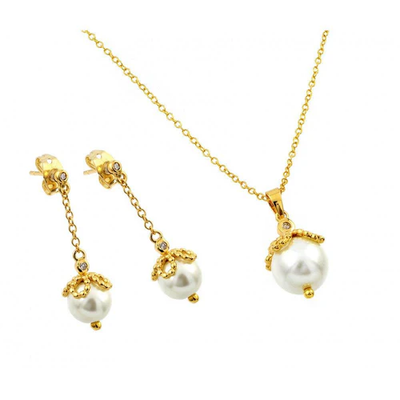 Sterling Silver Gold Plated Pearl Drop Clear CZ Dangling Stud Earring And Necklace Set