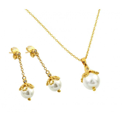 Sterling Silver Gold Plated Pearl Drop Clear CZ Dangling Stud Earring And Necklace Set