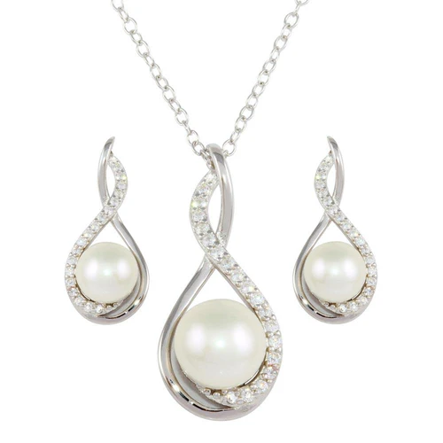 Sterling Silver Rhodium Plated Teardrop With Synthetic Pearl And Clear CZ Earring And Necklace Set