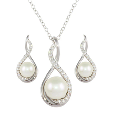 Load image into Gallery viewer, Sterling Silver Rhodium Plated Teardrop With Synthetic Pearl And Clear CZ Earring And Necklace Set