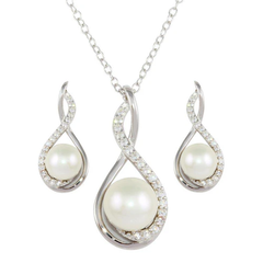 Sterling Silver Rhodium Plated Teardrop With Synthetic Pearl And Clear CZ Earring And Necklace Set