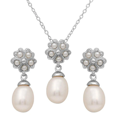 Sterling Silver Rhodium Plated Clover Leaf Fresh Water Pearl Earring And Necklace Set
