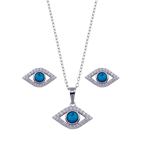 Sterling Silver Rhodium Plated Evil Eye Turquoise And Clear CZ Earring And Necklace Set