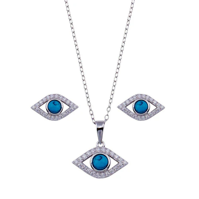 Sterling Silver Rhodium Plated Evil Eye Turquoise And Clear CZ Earring And Necklace Set
