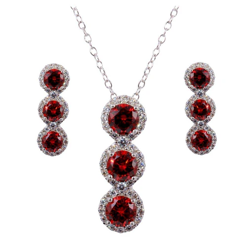 Sterling Silver Rhodium Plated 3 Red Stone And Clear CZ Stud Earring And Necklace Set