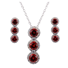 Load image into Gallery viewer, Sterling Silver Rhodium Plated 3 Red Stone And Clear CZ Stud Earring And Necklace Set