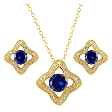 Load image into Gallery viewer, Sterling Silver Gold Plated Clover Cross Blue And Clear CZ Earring And Necklace Set