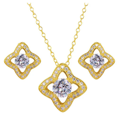 Sterling Silver Gold Plated Clover Cross Clear CZ Earring And Necklace Set