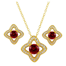 Load image into Gallery viewer, Sterling Silver Gold Plated Clover Cross Red And Clear CZ Earring And Necklace Set