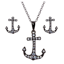 Load image into Gallery viewer, Sterling Silver Black Rhodium Plated Anchor CZ Earring And Necklace Set