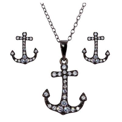 Sterling Silver Black Rhodium Plated Anchor CZ Earring And Necklace Set