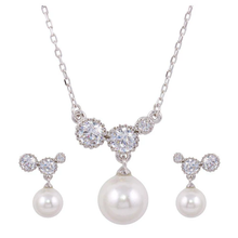 Load image into Gallery viewer, Sterling Silver Rhodium Plated White Pearl Clear CZ Earring And Necklace Set