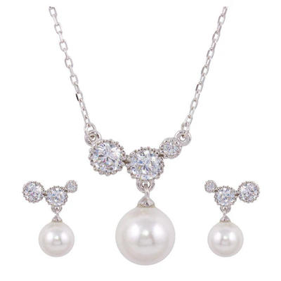 Sterling Silver Rhodium Plated White Pearl Clear CZ Earring And Necklace Set