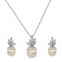 Load image into Gallery viewer, Sterling Silver Rhodium Plated Clear CZ Leaves With Synthetic Pearl Earring And Necklace Set