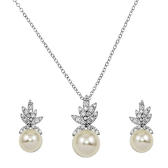 Sterling Silver Rhodium Plated Clear CZ Leaves With Synthetic Pearl Earring And Necklace Set