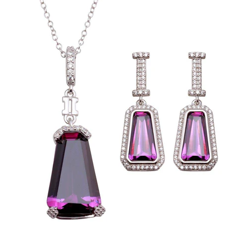Sterling Silver Rhodium Plated Large Purple And Clear CZ Earring And Necklace Set