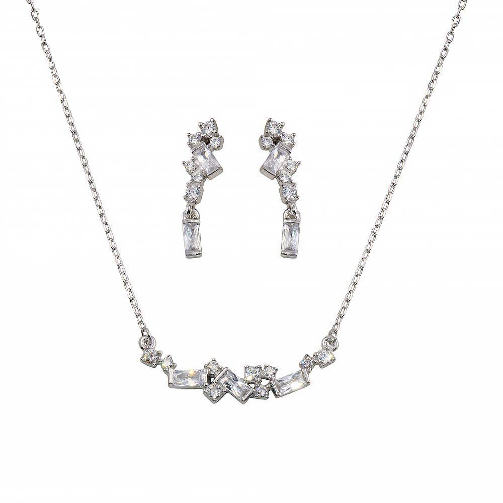 Sterling Silver Rhodium Plated CZ And Baguette Stone Earring And Necklace Set