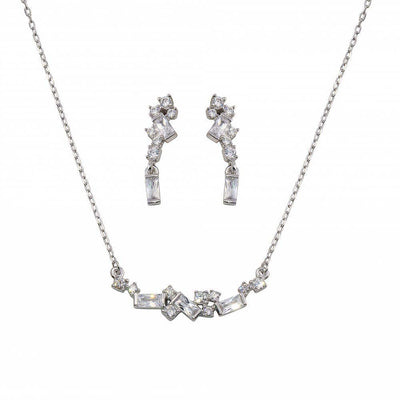 Sterling Silver Rhodium Plated CZ And Baguette Stone Earring And Necklace Set