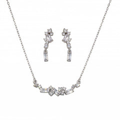 Sterling Silver Rhodium Plated CZ And Baguette Stone Earring And Necklace Set