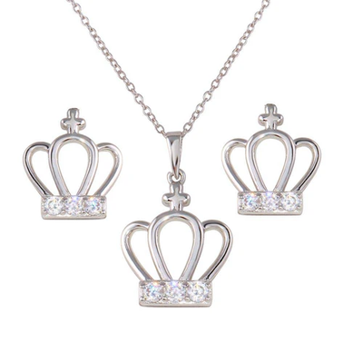 Sterling Silver Rhodium Plated Crown Clear CZ Earring And Necklace Set