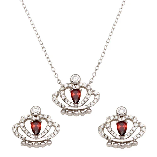 Sterling Silver Rhodium Plated Crown Red And Clear CZ Earring And Necklace Set