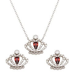 Sterling Silver Rhodium Plated Crown Red And Clear CZ Earring And Necklace Set