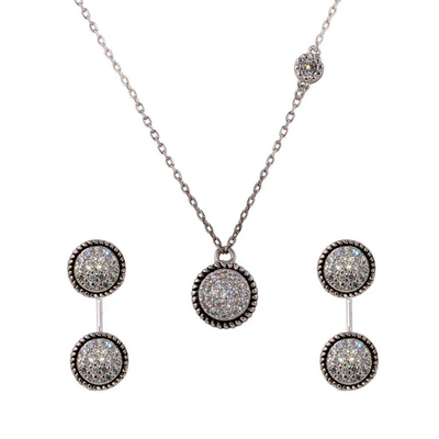 Sterling Silver Rhodium Plated Front And Back Clear CZ Earring And Necklace Set