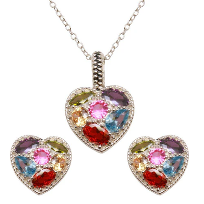 Sterling Silver Rhodium Plated Heart Multi Colored  CZ Earring And Necklace Set