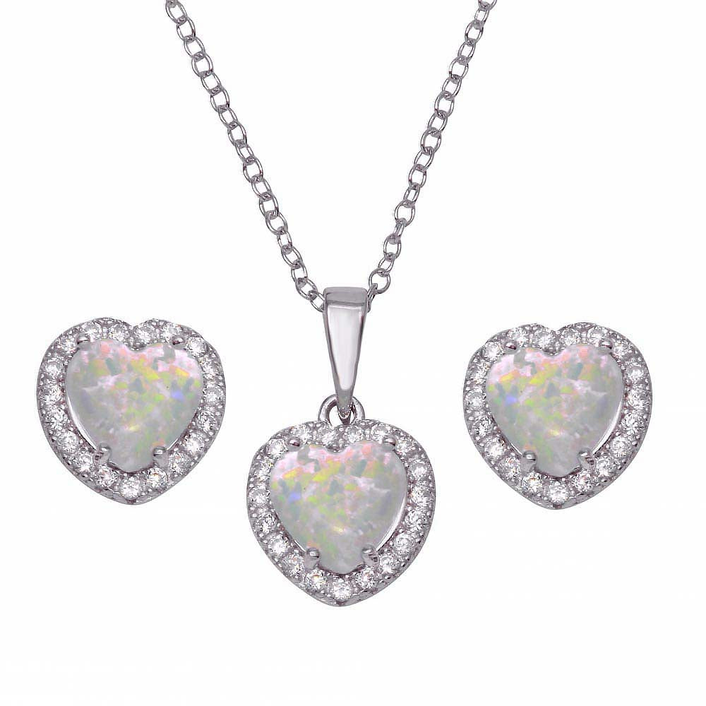 Sterling Silver Rhodium Plated Halo Heart With Synthetic Pearl And Clear CZ Earring And Necklace Set