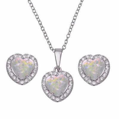 Sterling Silver Rhodium Plated Halo Heart With Synthetic Pearl And Clear CZ Earring And Necklace Set