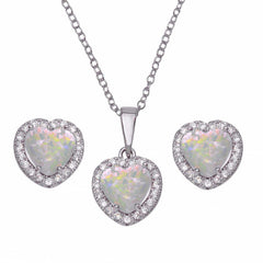 Sterling Silver Rhodium Plated Halo Heart With Synthetic Pearl And Clear CZ Earring And Necklace Set