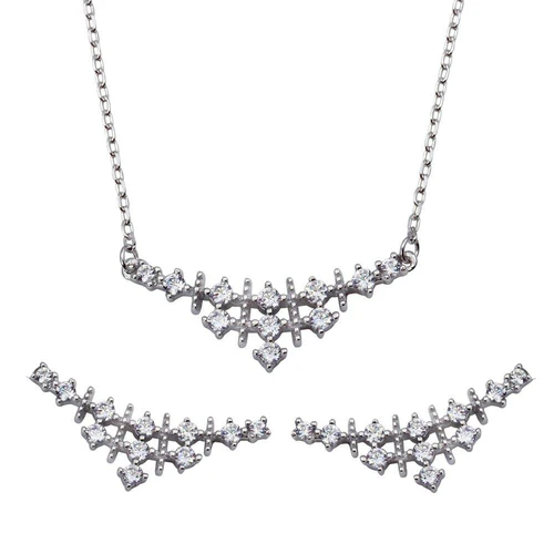 Sterling Silver Rhodium Plated Curved Triangle Clear CZ Earring And Necklace Set