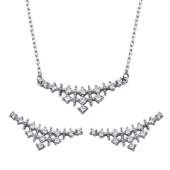 Sterling Silver Rhodium Plated Curved Triangle Clear CZ Earring And Necklace Set