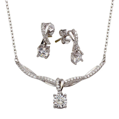Sterling Silver Rhodium Plated Wavy Curved Necklace With Dangling Clear CZ Pendant