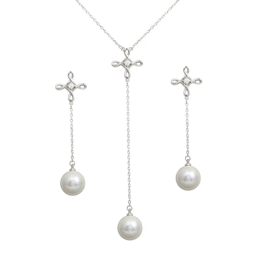 Sterling Silver Rhodium Plated Clear CZ Open Infinity Cross With Synthetic Pearl Dangling Earring And Necklace Set