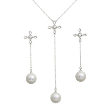 Load image into Gallery viewer, Sterling Silver Rhodium Plated Clear CZ Open Infinity Cross With Synthetic Pearl Dangling Earring And Necklace Set